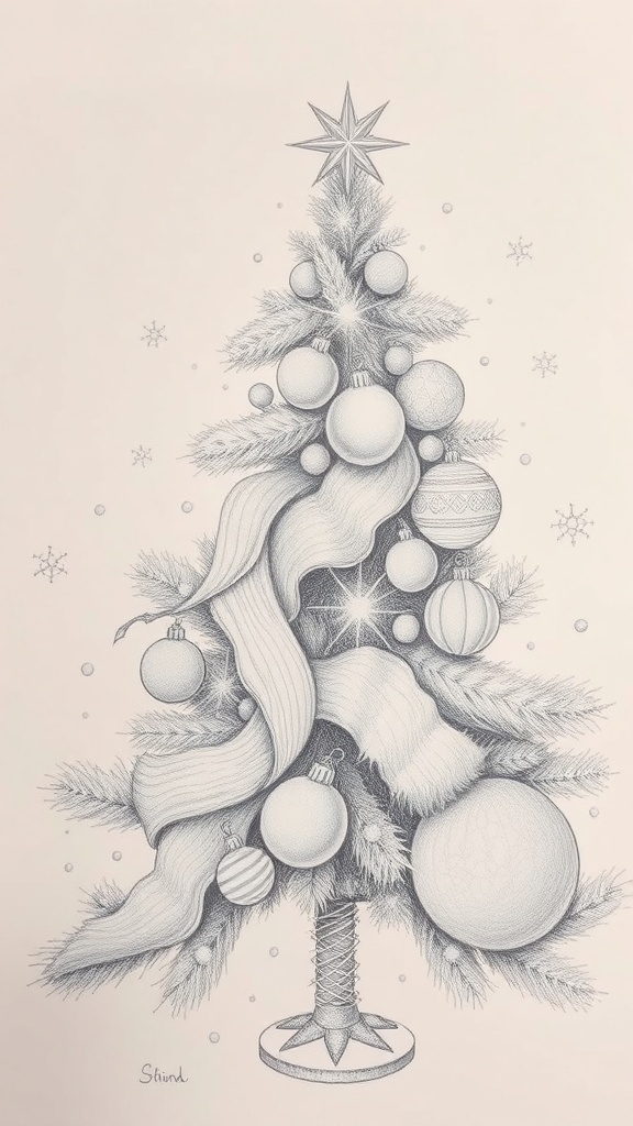 Pencil drawing of a decorated Christmas tree with ornaments and snowflakes in the background.